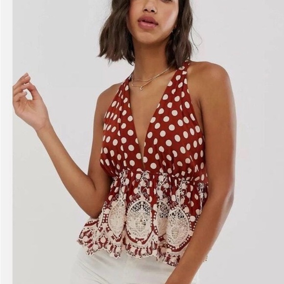 Free People Tops - Free People Lunch Date Crochet Halter Top XS Boho Polka Dot Lace